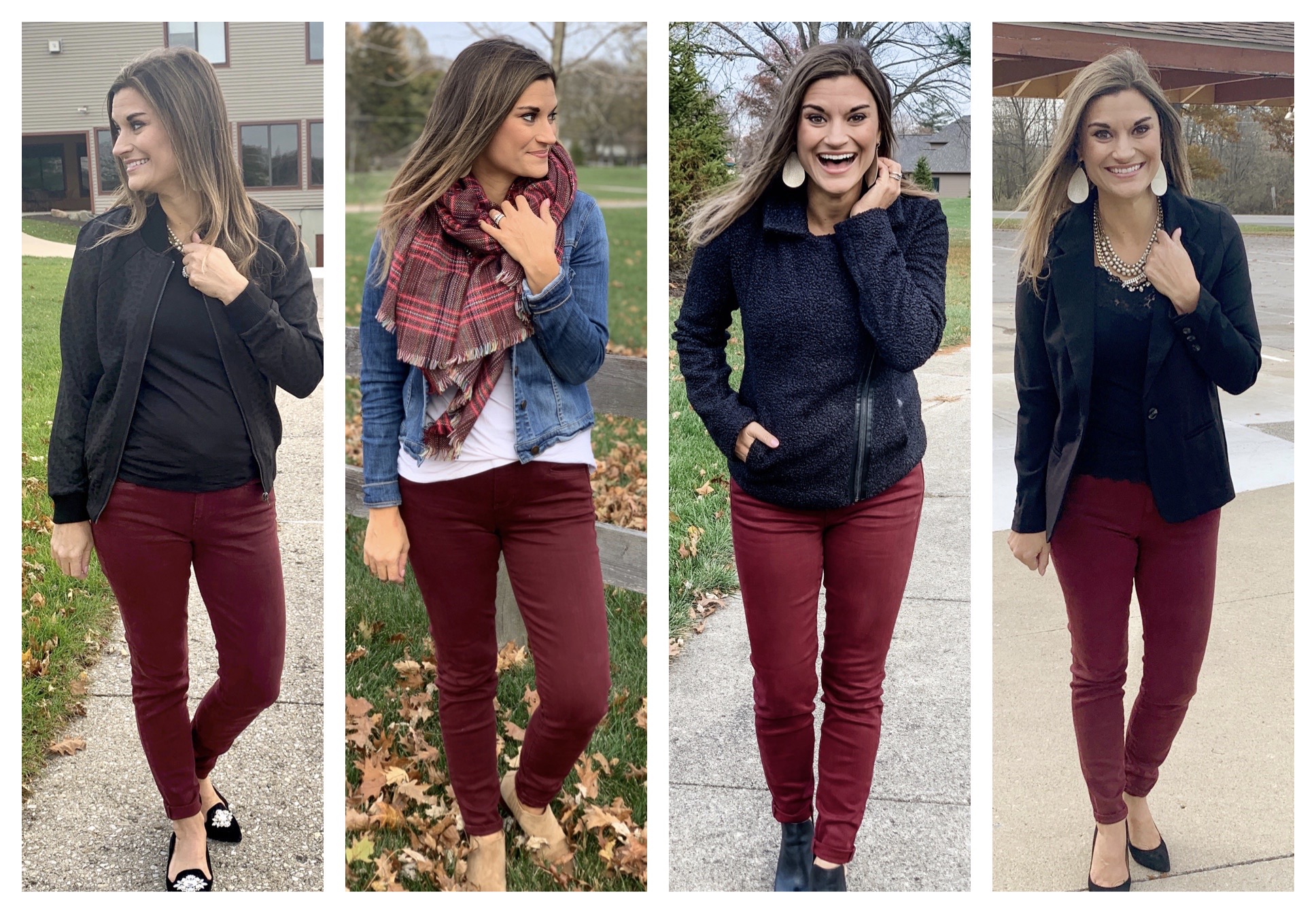 maroon jeans outfit